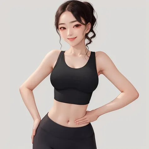 yujiasuit, yoga sports bra, yoga pants, 1girl, solo, white background, hand on hip, looking at viewer, simple background, smile, black hair, tank top, midriff, upper body, black pants,
<lora:yujiasuitv1:1>