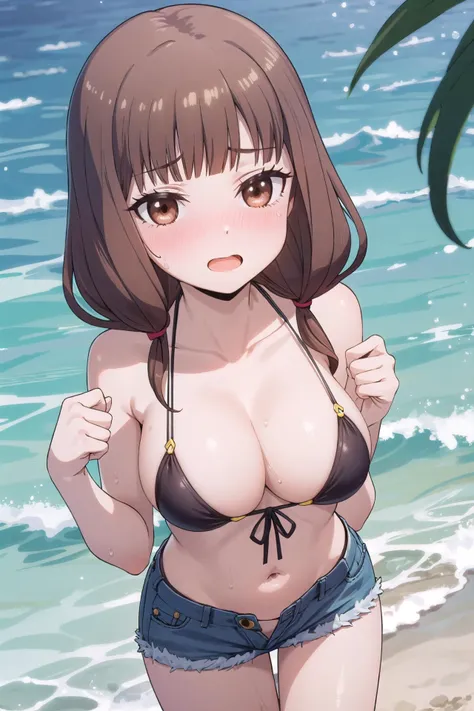 masterpiece, best quality,
1girl, solo, 
<lora:chara_Kaguya-samaWaKokurasetai_IinoMiko_v1:1.0> iino miko, (brown eyes:1.2), tsurime, brown hair, long hair, hair over shoulder, twintails, low twintails, blunt bangs, large breasts, 
outdoors, ocean, bikini, (black:1.2) bikini, (micro bikini:1.2), wet, skindentation, shiny skin, 
  from above, looking at viewer, looking up, collarbone, cleavage, navel, bikini under clothes, shorts, denim shorts, 
looking at viewer, 
blush, nose blush, flustered,