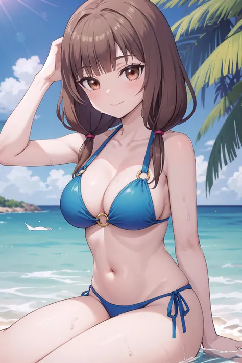 masterpiece, best quality,
1girl, solo, 
<lora:chara_Kaguya-samaWaKokurasetai_IinoMiko_v1:0.8> iino miko, brown eyes, tsurime, brown hair, long hair, hair over shoulder, twintails, low twintails, blunt bangs, large breasts, 
outdoors, ocean, bikini, (blue:1.2) bikini, o-ring, o-ring bikini,  wet, skindentation, shiny skin, 
  sitting, looking at viewer, collarbone, cleavage, navel,
looking at viewer, 
blush, smile, 
curvy,