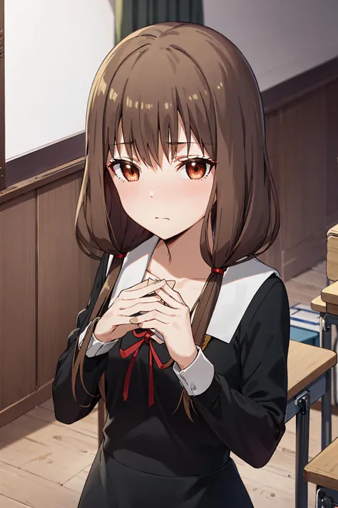 best quality, (masterpiece:1.2), detailed,
<lora:chara_Kaguya-samaWaKokurasetai_IinoMiko_v1:0.8>,
1girl, solo, closed mouth, light blush,
brown hair, brown eyes, long hair, twintails,
school uniform, black dress, red ribbon,
standing, crossed hands, looking at the viewer,
classroom
