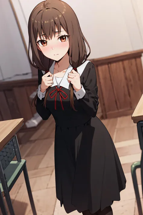 best quality, (masterpiece:1.2), detailed,
<lora:chara_Kaguya-samaWaKokurasetai_IinoMiko_v1:0.8>,
1girl, solo, closed mouth, light blush,
brown hair, brown eyes, long hair, twintails,
school uniform, black dress, red ribbon,
standing, hands together, looking at the viewer,
classroom