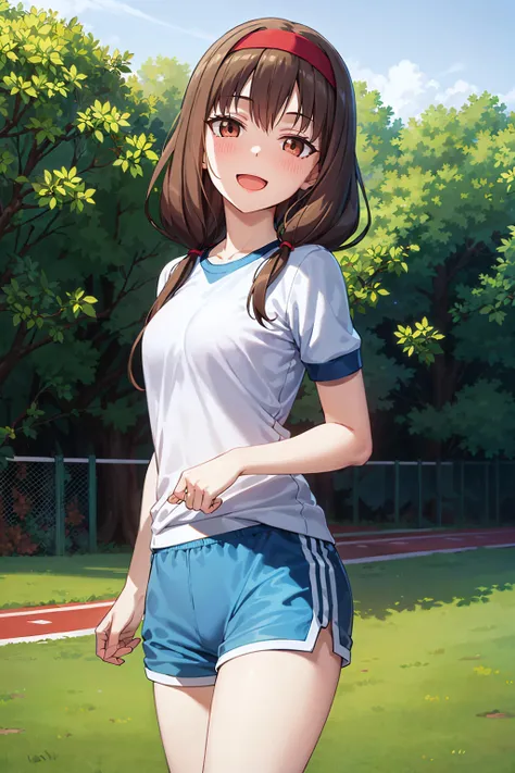best quality, (masterpiece:1.2), detailed,
<lora:chara_Kaguya-samaWaKokurasetai_IinoMiko_v1:0.8>,
1girl, solo, smile, open mouth, light blush,
brown hair, brown eyes, long hair, twintails,
gym uniform, short sleeves, white shirt, (blue shorts:1.4), red headband,
standing, head tilt, looking at the viewer,
outdoors, (track:1.2)