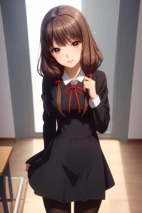 (Grey background), ((best quality)), ((masterpiece)), ((extremely detailed)), (prefect anatomy), illustration, high-res, realistic, prefect lighting, clean and clean, dynamic angle, [clean and clean], absurdres, uncreditable absurdres, 1 girl, sole, full body, standing, brown hair, brown eyes, long hair, twintails, embarrassed, enchanting expressionless, parted lips, pov, legs up shot, empty handed, hands together, crush on the viewer, looking at the viewer, cowboy shot, happy smile, relaxed, great tenderness amount lovers, hit on the viewer, expression of love, school uniform, black dress, red ribbon, black pantyhose, (extremely detailed prefect drawn hands):1.3, (zettai ryouiki), blush, detailed face description, detailed eyes description, advanced cg, colorful refraction, classroom. <lora:chara_Kaguya-samaWaKokurasetai_IinoMiko_v1:0.8> <lora:add_detail:0.65> <lora:rainbow:0.25>