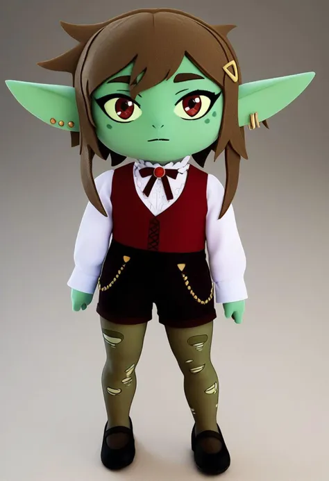 score_9, score_8_up, score_7_up, score_6_up, felt, full body shot, ((masterpiece)), ((high quality)), ((high detailed)), (((realistic))), photorealistic, (((plushify))), female goblin, green skin, long pointy ears, hair ornament, hairclip, earrings, honeygoblinclerk, long sleeves, white shirt, neck ribbon, red vest, black shorts, pantyhose, torn legwear, brown eyes, red eyes, black nails