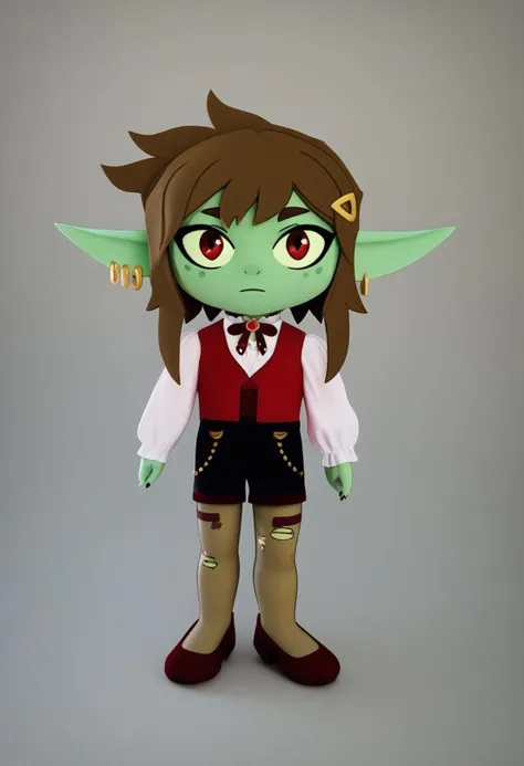 score_9, score_8_up, score_7_up, score_6_up, felt, full body shot, ((masterpiece)), ((high quality)), ((high detailed)), (((realistic))), photorealistic, (((plushify))), female goblin, green skin, long pointy ears, hair ornament, hairclip, earrings, honeygoblinclerk, long sleeves, white shirt, neck ribbon, red vest, black shorts, pantyhose, torn legwear, brown eyes, red eyes, black nails