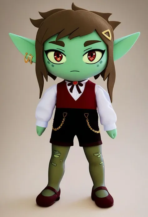 score_9, score_8_up, score_7_up, score_6_up, felt, full body shot, ((masterpiece)), ((high quality)), ((high detailed)), (((realistic))), photorealistic, (((plushify))), female goblin, green skin, long pointy ears, hair ornament, hairclip, earrings, honeygoblinclerk, long sleeves, white shirt, neck ribbon, red vest, black shorts, pantyhose, torn legwear, brown eyes, red eyes, black nails