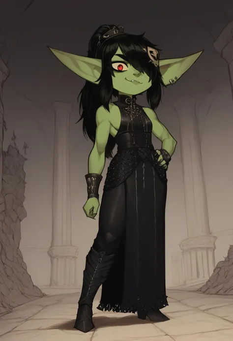 score_9, score_8_up, score_7_up, score_6_up, aesthetic, goth, goblin, green skin, black hair, long hair, hair over right eye, ponytail, tall woman, muscled body, fit, red eyes, indoors, ballroom, marble floor, vintage dress, combat equipment, castle, columns, defiant expression, longsword on hip side, decorated scabbard, smug face, big eyes, solo, dutch angle, g0thicPXL, (big lips:0.6), full body, small breasts, sideboob, leather vambraces, detailed light armor, scar on left eye, leather pauldrons, leather long bootsfemale, long pointy ears, hair ornament, earrings, muscular female
