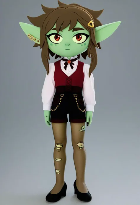score_9, score_8_up, score_7_up, score_6_up, felt, full body shot, ((masterpiece)), ((high quality)), ((high detailed)), (((realistic))), photorealistic, (((plushify))), female goblin, green skin, long pointy ears, hair ornament, hairclip, earrings, honeygoblinclerk, long sleeves, white shirt, neck ribbon, red vest, black shorts, pantyhose, torn legwear, brown eyes, red eyes, black nails