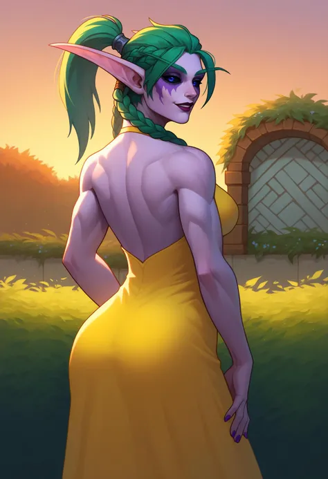 score_9, score_8_up, score_7_up, BREAK 1girl, solo, TyrN, colored skin, facial mark, pointy ears, elf, green hair, short hair, ponytail, twin braids, braided hair, blue eyes, black sclera, medium breasts, purple lips, <lora:TyrandePDXL_V1-Manityro-adamw:1.0>, outdoors, sunset, garden, looking at viewer, parted lips, smile, purple nails, toned, yellow sundress, rear view