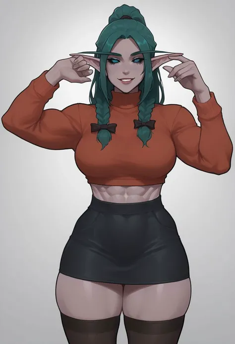 score_9, score_8_up, score_8, rating_explicit,
((tall girl)), massive body, (muscular), solo, lustfull look, looking at viewer, soft seductive smile,
TyrN, colored skin, pointy ears, elf, green hair, long hair, ponytail, twin braids, blue eyes, black sclera, medium breasts,
fhair ribbon, long hair, ribbon, two side up, parted bangs, black skirt, black thighhighs, long sleeves, red sweater, turtleneck,
