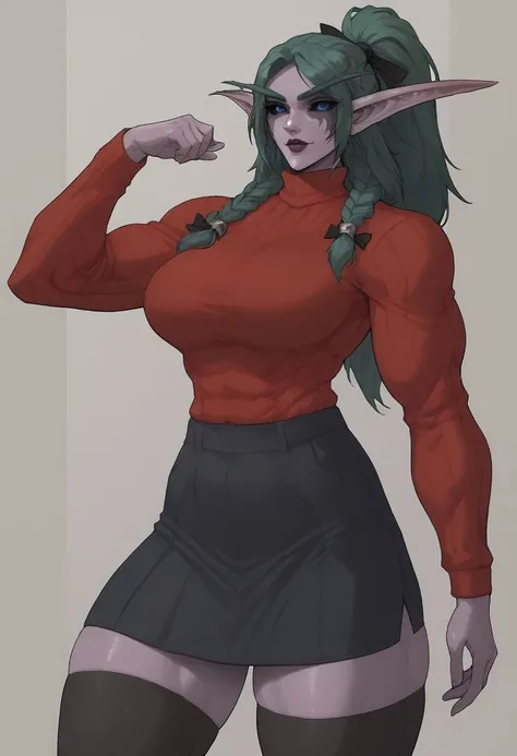 score_9, score_8_up, score_8, rating_explicit,
((tall girl)), massive body, (muscular), solo, lustfull look, looking at viewer, soft seductive smile,
TyrN, colored skin, pointy ears, elf, green hair, long hair, ponytail, twin braids, blue eyes, black sclera, medium breasts,
fhair ribbon, long hair, ribbon, two side up, parted bangs, black skirt, black thighhighs, long sleeves, red sweater, turtleneck,
