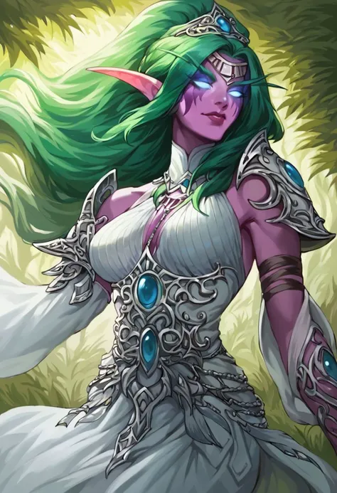 core_9, score_8_up, score_7_up, TyrO, colored skin, facial mark, pointy ears, elf, green hair, long hair, blue eyes, glowing eyes, no pupils, large breasts, TODre, tiara, silver jewelry, white gown, single shoulder pad, wide sleeves, armlet, toeless footwear, in a forest, sexy expression, expressive eyes, seductive smile.