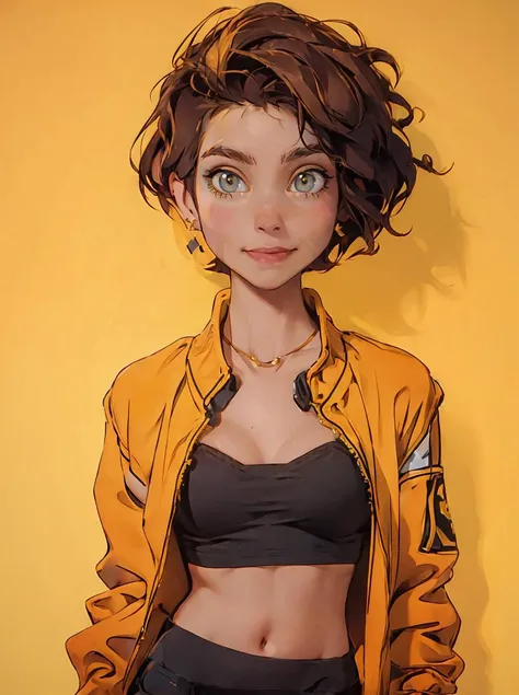 (masterpiece, best wuality)1igirl, yellow jacket, midriff, upper body, <lora:soembe_77:0.9>,soembe, short hair