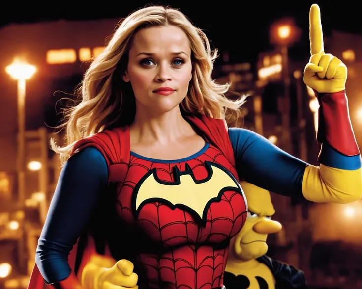 reese_witherspoon, <lora:ReeseWitherspoonXL:1.0>, upper body, spiderwoman outfit, , super hero, at night, full moon, batman, springfield,(fighting with homer simpson)