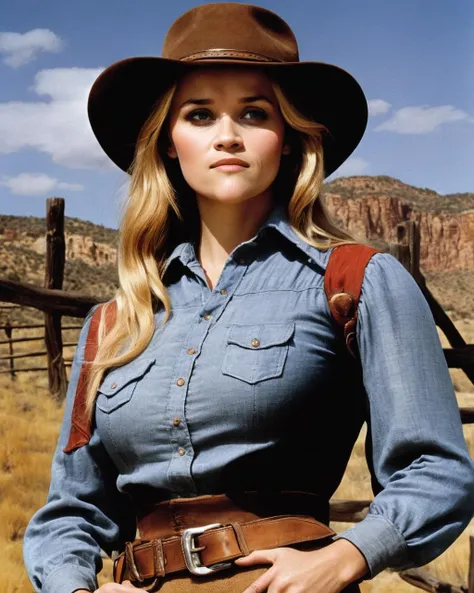 reese_witherspoon, <lora:ReeseWitherspoonXL:1.0>, a 1970s movie poster for a Italowestern movie titled "The Quick and the Dead", the story about an a gunslinger woman arriving in the Old West town of Redemption, which is ruled by a ruthless outlaw, starring Bud Spencer, Terence Hill, Claudia Cardinale, and Reese Witherspoon, minor poster damage, western out fit, 1970 movie poster, retro style
