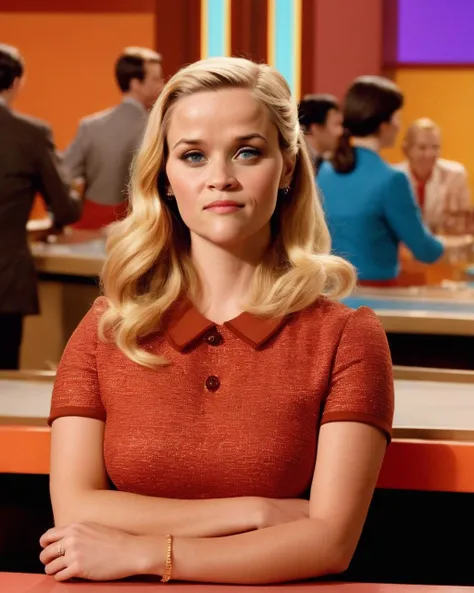reese_witherspoon, <lora:ReeseWitherspoonXL:1.0>, (old photograpy) of a woman, in a 70s tv game show, 1970 hair style, bun, retro style, standing next to a counter, colorful, dramatic light, analogue photography,, ((sharp face, detailed face, realistic face, naturtal skin, realistic skin, detailed skin, pores, detailed eyes,realistic eyes)),