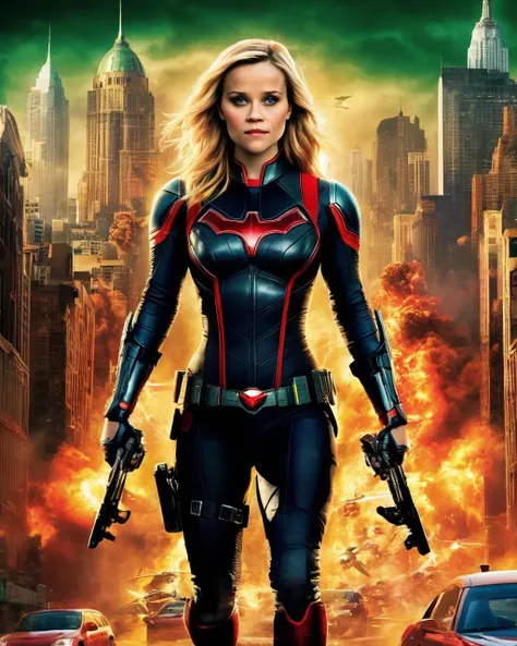 reese_witherspoon, <lora:ReeseWitherspoonXL:1.0>, Movie Poster, Poster ((text on top that says "INVASION",text on bottom that says "Reese Witherspoon")) in bold red letters, upper body, spider woman outfit, super hero, at night, full moon, batman, black widow, green lantern, insanity, random madness, aliens, alien invasion, flying brains with tentacles, tornado, new york,explosions, fire, smog, destroyed city, (giant alien mothership, alien space fighters attacking the city),