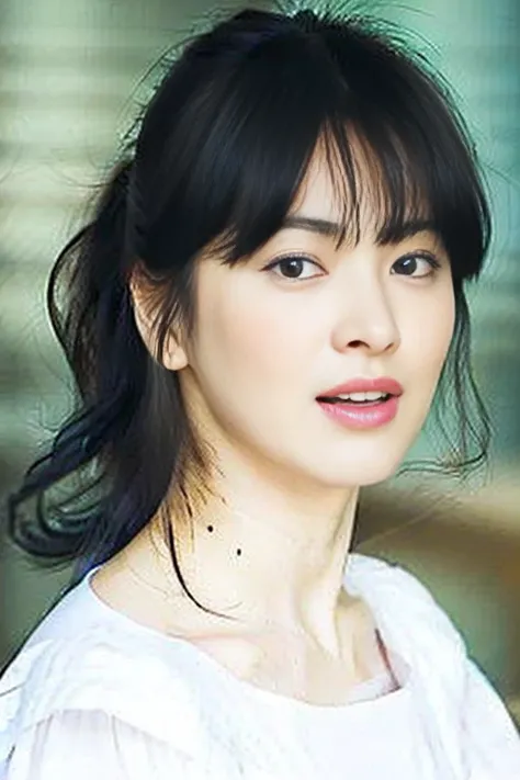 a woman with a white shirt and a black hairdo is looking at the camera and has a serious look on her face