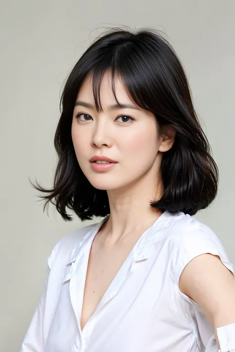 a woman with a white shirt and black hair is posing for a picture with a white background and a white wall,best quality, best lighting, best clarity,