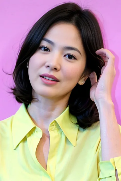 a woman in a yellow shirt is talking on a cell phone and smiling at the camera with a pink background