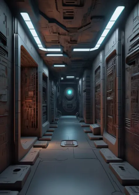 ((magazine photography)) , Archival catacombs, data archives protected by AI sentinels, corridors of digital scrolls and encrypted knowledge. , cgstudio, computer graphics, space art , cyberpunk ambient, a room<lora:cyber_room_sdxl:1.0>