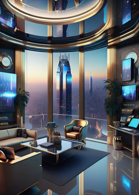 ((magazine photography)) , Skyline-reaching mega-tower, corporate executive suite, panoramic cityscape views, opulent marble interiors, AI personal assistants, liquid-crystal windows, gold-plated data terminals, cybernetic board meetings. ,  cgstudio, computer graphics, space art , cyberpunk ambient, a room<lora:cyber_room_sdxl:1.0>