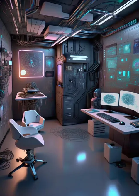 ((magazine photography)) , Techno-savant's den, cybernetic laboratory, AI collaborators, holographic whiteboards, code-covered walls, genius minds sculpting future, neurons and circuits intertwined. ,  cgstudio, computer graphics, space art , cyberpunk ambient, a room<lora:cyber_room_sdxl:1.0>