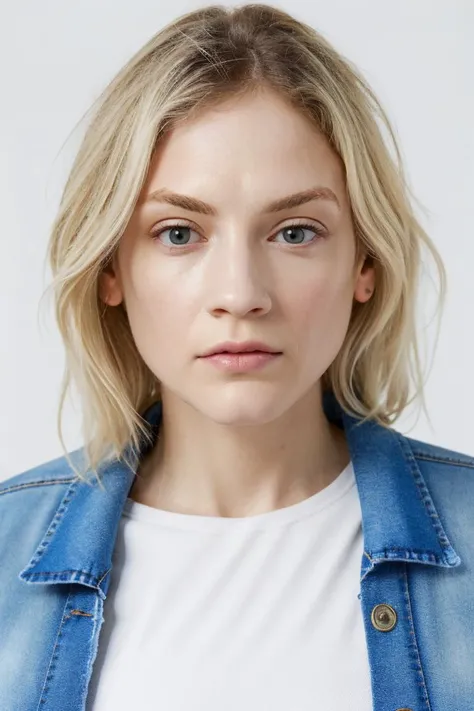 1girl, solo, portrait of a woman wearing denim jacket and white tee, (looking at viewer:1.2), focus on face, symmetrical angle, simple white background, female focus, photorealistic, soft colors, masterpiece, high quality, (high detailed skin:1.1)
<lora:emily_kinney_lora_v02:1> ek84, blonde hair