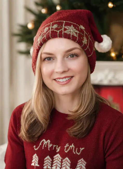 portrait photography, red ugly sweater, Santa hat, cozy room, Christmas, sweet smile, soft colors, bokeh, (high detailed skin:1.1)
<lora:emily_kinney_lora_v01:1> 3mk1n1