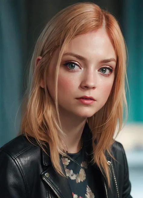 portrait photography, redhead, leather jacket, club background, soft colors, bokeh, (high detailed skin:1.1)
<lora:emily_kinney_lora_v01:1> 3mk1n1