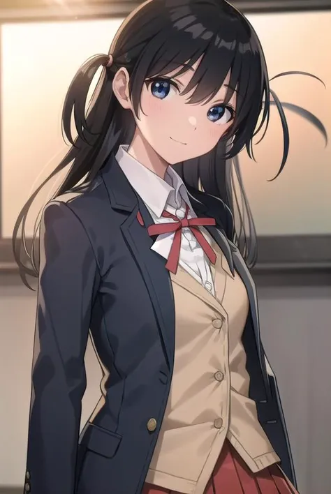 tenmatsukamoto, <lora:tenma tsukamoto s2-lora-nochekaiser:1>,
tenma tsukamoto, long hair, bangs, (black hair:1.5), (black eyes:1.3), (two side up:1.5), smile,
BREAK skirt, shirt, long sleeves, bow, ribbon, school uniform, jacket, white shirt, pleated skirt, collared shirt, bowtie, red ribbon, red skirt, blazer, (light brown blazer:1.5),
BREAK indoors, classroom,
BREAK looking at viewer, (cowboy shot:1.5),
BREAK <lyco:GoodHands-beta2:1>, (masterpiece:1.2), best quality, high resolution, unity 8k wallpaper, (illustration:0.8), (beautiful detailed eyes:1.6), extremely detailed face, perfect lighting, extremely detailed CG, (perfect hands, perfect anatomy),