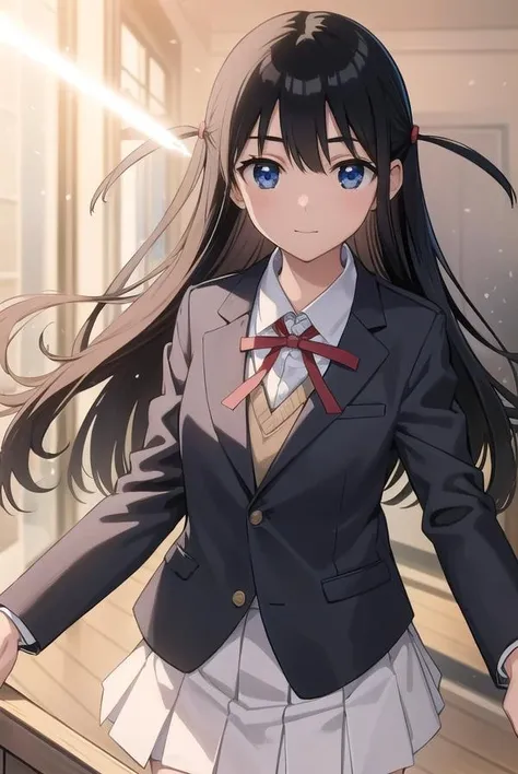 tenmatsukamoto, <lora:tenma tsukamoto s2-lora-nochekaiser:1>,
tenma tsukamoto, long hair, bangs, (black hair:1.5), (black eyes:1.3), (two side up:1.5), smile,
BREAK skirt, shirt, long sleeves, bow, ribbon, school uniform, jacket, white shirt, pleated skirt, collared shirt, bowtie, red ribbon, red skirt, blazer, (light brown blazer:1.5),
BREAK indoors, classroom,
BREAK looking at viewer, (cowboy shot:1.5),
BREAK <lyco:GoodHands-beta2:1>, (masterpiece:1.2), best quality, high resolution, unity 8k wallpaper, (illustration:0.8), (beautiful detailed eyes:1.6), extremely detailed face, perfect lighting, extremely detailed CG, (perfect hands, perfect anatomy),