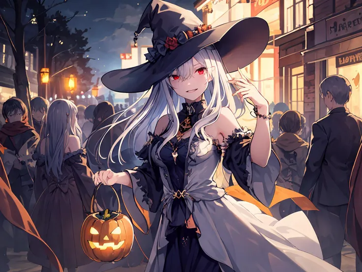 masterpiece,best quality,highres,cinematic lighting,dramatic angle,1girl,white hair,hairband,looking at viewer,glowing eyes,red eyes,white dress,bare shoulders,tassel,layered dress,detached sleeves,<lora:ShadowverseCeridwenV1-000015:0.8:lbw=ceridwen>,upraised eyebrows,parted lips,evil smile,black ribbons,portrait,outdoors,halloween,pumpkin hat,witch robe,long robe,happy,crowd,on street,lanterns,jack-o'-lantern,witch hat,