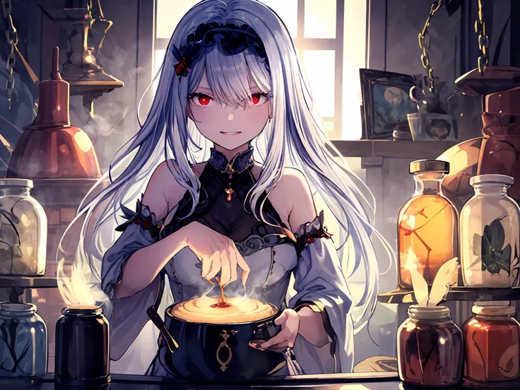 masterpiece,best quality,highres,cinematic lighting,dramatic angle,1girl,white hair,hairband,looking at viewer,glowing eyes,red eyes,white dress,bare shoulders,tassel,layered dress,detached sleeves,<lora:ShadowverseCeridwenV1-000015:0.8:lbw=1,1,1,0.4,0.5,0.8,1,0.5,1,1,0.8,1,1,1,1,1,1>,upraised eyebrows,parted lips,evil smile,black ribbons,portrait,holding potion,pouring liquid to a boiling pot,atelier,at laboratory,Biological samples soaked in glass jars,<lora:add_detail:0.5>,shaded face,a big pot of poison,feathers,steamy,screaming soul like smoke,illusion neckline,