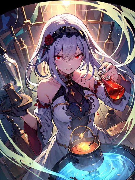 masterpiece,best quality,highres,cinematic lighting,dramatic angle,1girl,white hair,hairband,looking at viewer,glowing eyes,red eyes,white dress,bare shoulders,tassel,layered dress,detached sleeves,<lora:ShadowverseCeridwenV1-000014:0.8:lbw=1,1,1,0.4,0.5,0.8,1,0.5,1,1,0.8,1,1,1,1,1,1>,upraised eyebrows,parted lips,evil smile,black ribbons,portrait,holding potion,pouring liquid to a boiling pot,atelier,at laboratory,Biological samples soaked in glass jars