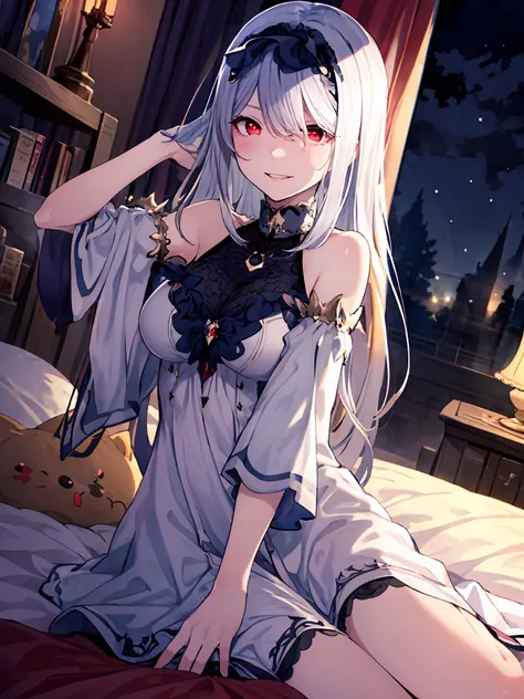 masterpiece,best quality,highres,cinematic lighting,dramatic angle,1girl,white hair,hairband,looking at viewer,glowing eyes,red eyes,white dress,bare shoulders,bed,lying,arms up,tassel,layered dress,detached sleeves,<lora:ShadowverseCeridwenV1-000013:0.8:lbw=1,1,1,0.4,0.5,0.8,1,0.5,1,1,0.8,1,1,1,1,1,1>,upraised eyebrows,embarrassed,shy,parted lips,black ribbons,on back,close-up,portrait,blush,happy,night,dim light,