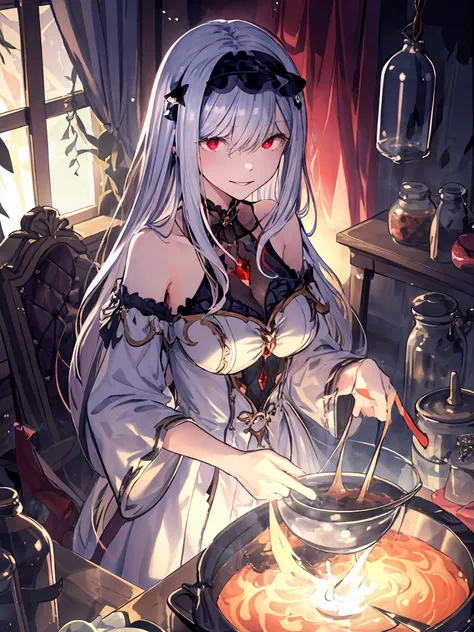 masterpiece,best quality,highres,cinematic lighting,dramatic angle,1girl,white hair,hairband,looking at viewer,glowing eyes,red eyes,white dress,bare shoulders,tassel,layered dress,detached sleeves,<lora:ShadowverseCeridwenV1-000015:0.8:lbw=1,1,1,0.4,0.5,0.8,1,0.5,1,1,0.8,1,1,1,1,1,1>,upraised eyebrows,parted lips,evil smile,black ribbons,portrait,holding potion,pouring liquid to a boiling pot,atelier,at laboratory,Biological samples soaked in glass jars,<lora:add_detail:0.25>,shaded face,