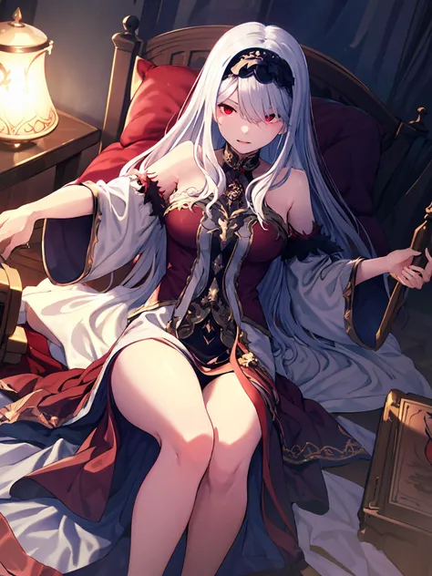 masterpiece,best quality,highres,cinematic lighting,dramatic angle,1girl,white hair,hairband,looking at viewer,glowing eyes,red eyes,white robe,bare shoulders,bed,lying,arms up,tassel,layered dress,detached sleeves,<lora:ShadowverseCeridwenV1-000010:0.8>,upraised eyebrows,sitting,legs,embarrassed,shy,parted lips