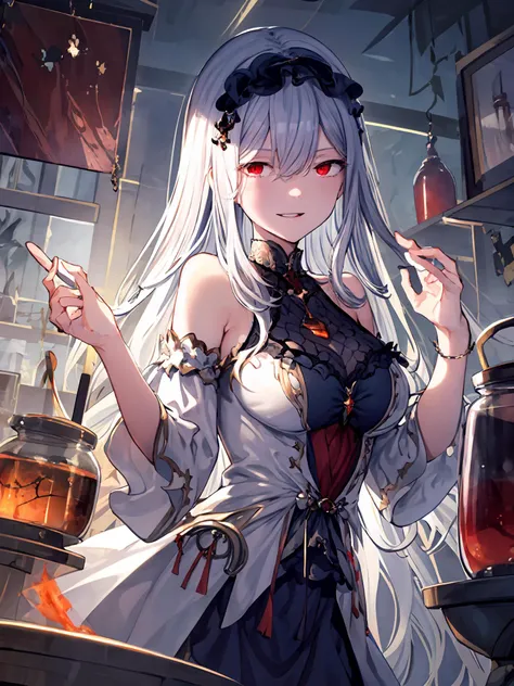 masterpiece,best quality,highres,cinematic lighting,dramatic angle,1girl,white hair,hairband,looking at viewer,glowing eyes,red eyes,white dress,bare shoulders,tassel,layered dress,detached sleeves,<lora:ShadowverseCeridwenV1-000015:0.8:lbw=1,1,1,0.4,0.5,0.8,1,0.5,1,1,0.8,1,1,1,1,1,1>,upraised eyebrows,parted lips,evil smile,black ribbons,portrait,holding potion,pouring liquid to a boiling pot,atelier,at laboratory,Biological samples soaked in glass jars,<lora:add_detail:0.25>,shaded face,