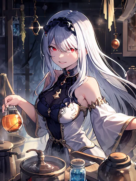 masterpiece,best quality,highres,cinematic lighting,dramatic angle,1girl,white hair,hairband,looking at viewer,glowing eyes,red eyes,white dress,bare shoulders,tassel,layered dress,detached sleeves,<lora:ShadowverseCeridwenV1-000015:0.8:lbw=1,1,1,0.4,0.5,0.8,1,0.5,1,1,0.8,1,1,1,1,1,1>,upraised eyebrows,parted lips,evil smile,black ribbons,portrait,holding potion,pouring liquid to a boiling pot,atelier,at laboratory,Biological samples soaked in glass jars,<lora:add_detail:0.25>,shaded face,