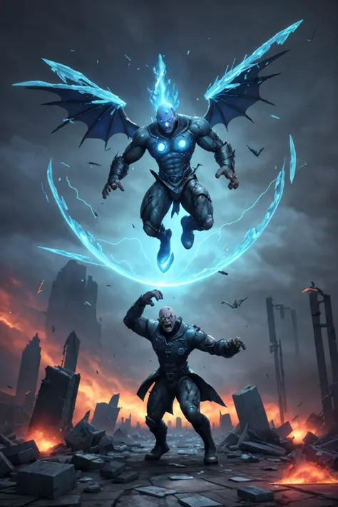 1man, determined angry face, combat pose, full-body, elemental mages, wearing futuristic mage uniform, short hair, casting elemental magic, surrounded by elemental energy, special effects, waning light, blood splatter, ruined city, flying debris,