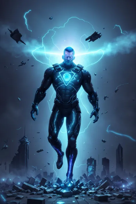 Solo focus, 1man, 35yo, heroic determined angry face, combat pose, full-body, hologram mage, wearing futuristic mage uniform, short hair, casting hologram magic, surrounded by azure hologram energy, special effects, waning light, blood splatter, ruined city, flying debris,