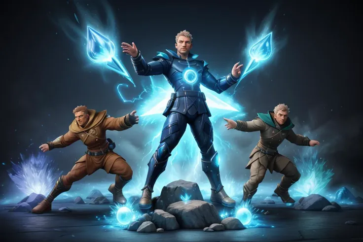 3man, combat pose, full-body, elemental mages, wearing futuristic mage uniform, short hair, casting elemental magic, surrounded by elemental energy, special effects, waning light, hyperdetailed, accurate proportionate, realistic,