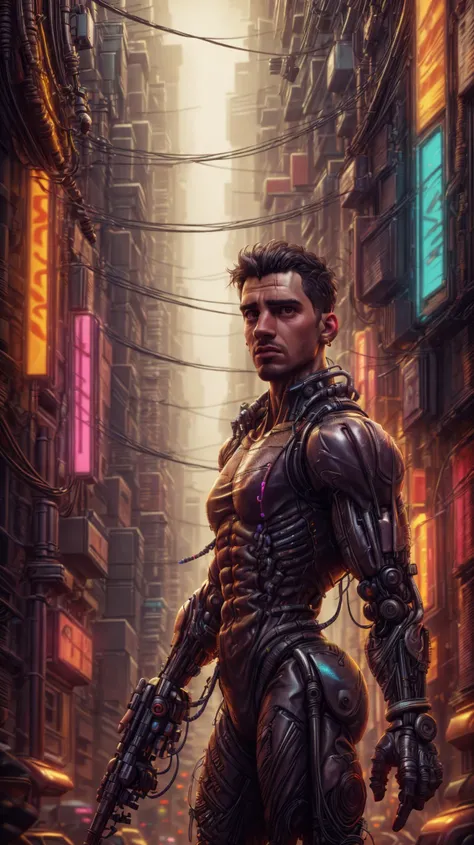 (GS-Masculine:1.3),<lora:miguel_bojorquez:1>,as a Combat Cyborg Predator with very short black hair,Cyberpunk,transparent neck,robotic parts,cyberpunk,brown eyes,full face visible,"Blade Runner",hyper-realistic. Beautiful cinematic impressionistic picture. Cyberpunk,neon,Dark dramatic character,in the style of Jeremy Mann and Charles Dana Gibson,Mark Demsteader,Paul Headley.,haze,ultra detail,film photography,light leaks,Larry Bad Melman,artstation trends,sharp focus,studio photography,intricate details,highly detailed,Greg Rutkowski,<lora:xl_more_art-full_v1:1>,<lora:Clothing - ChemPunk Armor:0.4>,<lora:CyberPunkAI:0.5>,<lora:epi_noiseoffset2(Better contrast dark images):0.5>,<lora:SnxilluminateV2:0.4>,<lora:detail_slider_v4:1>,<lora:more_details:1>,