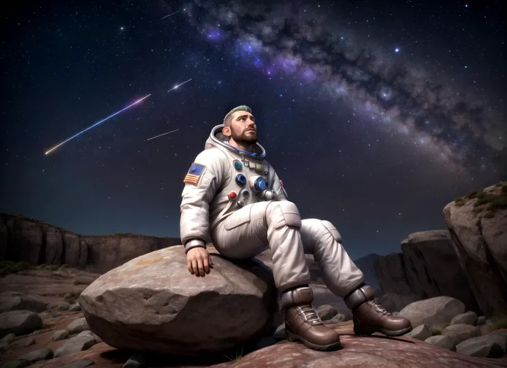 russian man, silver buzz cut, silver beard, astronaut, spacesuit, looking up, sitting on ground on planet, rock, boulder, solo, alone, galaxy, meteor shower, best quality, masterpiece, highly detailed, realistic, (detailed background), depth of field, soft focus, intricate details, 8k, cartoon, 3d, photo of a man, full body, wide shot, <lora:add_detail:0.5>, <lora:weight_slider_v2:1>, <lora:muscle_slider_v1:-1.5>,