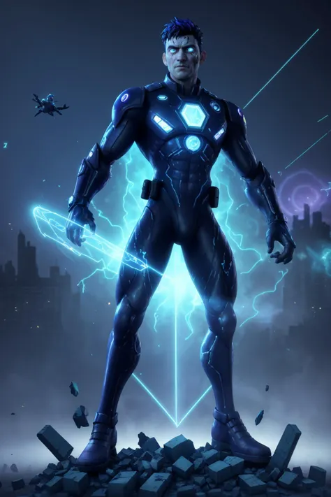 Close-up, 1man, 35yo, heroically concentrating, determined face, combat pose, full-body, hologram mage, wearing futuristic mage uniform, short hair, casting hologram magic, surrounded by azure hologram energy, special effects, waning light, blood splatter, ruined city, flying debris,