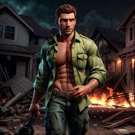 a male firefighter walks out of a burned down house,open shirt,hairy body,brown hair,green eyes,night,octane render,highest quality,masterpiece,<lora:more_details:0.8>,dirty clothes,ultra sharp,frustrated_brow,