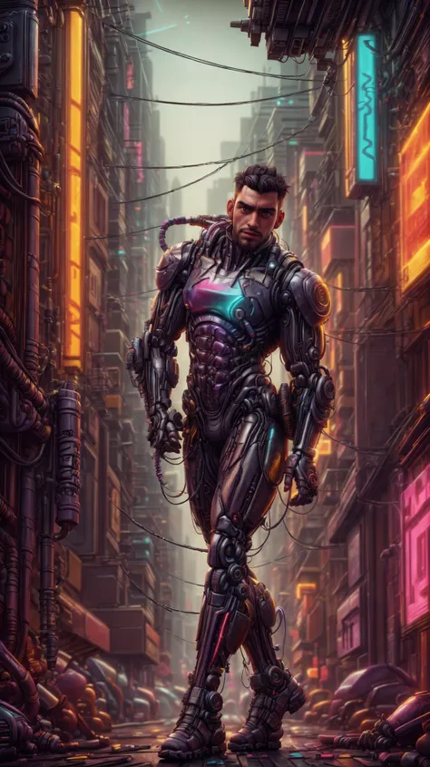 (GS-Masculine:1.3),<lora:miguel_bojorquez:1>,as a Combat Cyborg Predator with very short black hair,Cyberpunk,transparent neck,robotic parts,cyberpunk,brown eyes,full face visible,"Blade Runner",hyper-realistic. Beautiful cinematic impressionistic picture. Cyberpunk,neon,Dark dramatic character,in the style of Jeremy Mann and Charles Dana Gibson,Mark Demsteader,Paul Headley.,haze,ultra detail,film photography,light leaks,Larry Bad Melman,artstation trends,sharp focus,studio photography,intricate details,highly detailed,Greg Rutkowski,<lora:xl_more_art-full_v1:1>,<lora:Clothing - ChemPunk Armor:0.4>,<lora:CyberPunkAI:0.5>,<lora:epi_noiseoffset2(Better contrast dark images):0.5>,<lora:SnxilluminateV2:0.4>,<lora:detail_slider_v4:1>,<lora:more_details:1>,