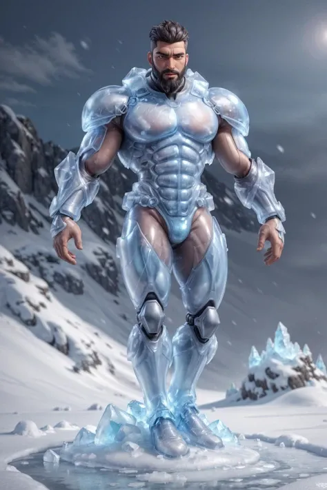A man in a blue suit standing on a snow covered mountain - SeaArt AI