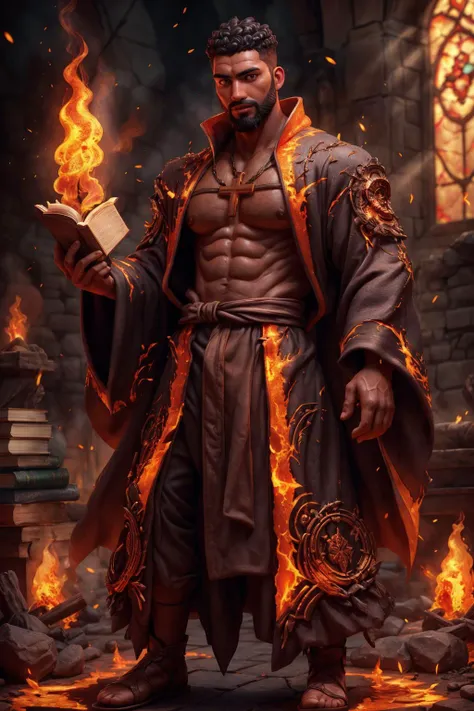 an (african man) wearing ember priest robe, beard, (30 years old), cathedral, indoors, holding book, cross, <lora:Clothing - Ember Armor_v2:0.3> emb3r4rmor, embers, glowing, burning, masterpiece, highly detailed, realistic, (detailed background), depth of field, intricate details, cartoon, 3d, dynamic pose, dynamic angle, (muscular), (large pectorals), (puffy nipples)